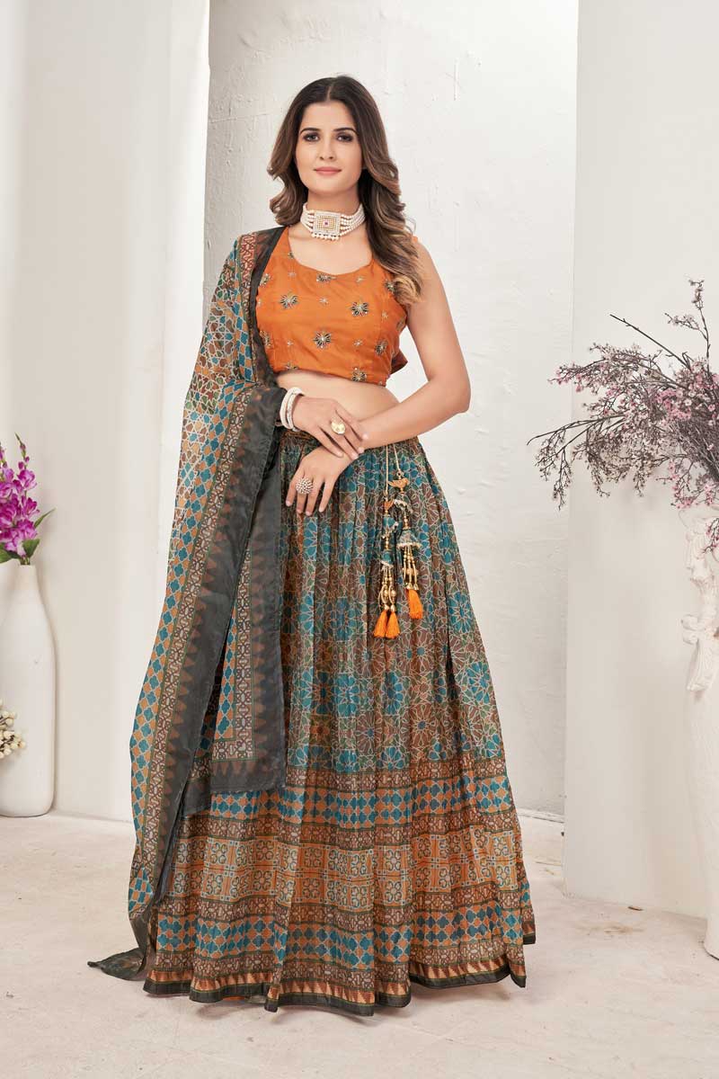 Organza Fabric Mesmeric Printed Lehenga In Multi Color