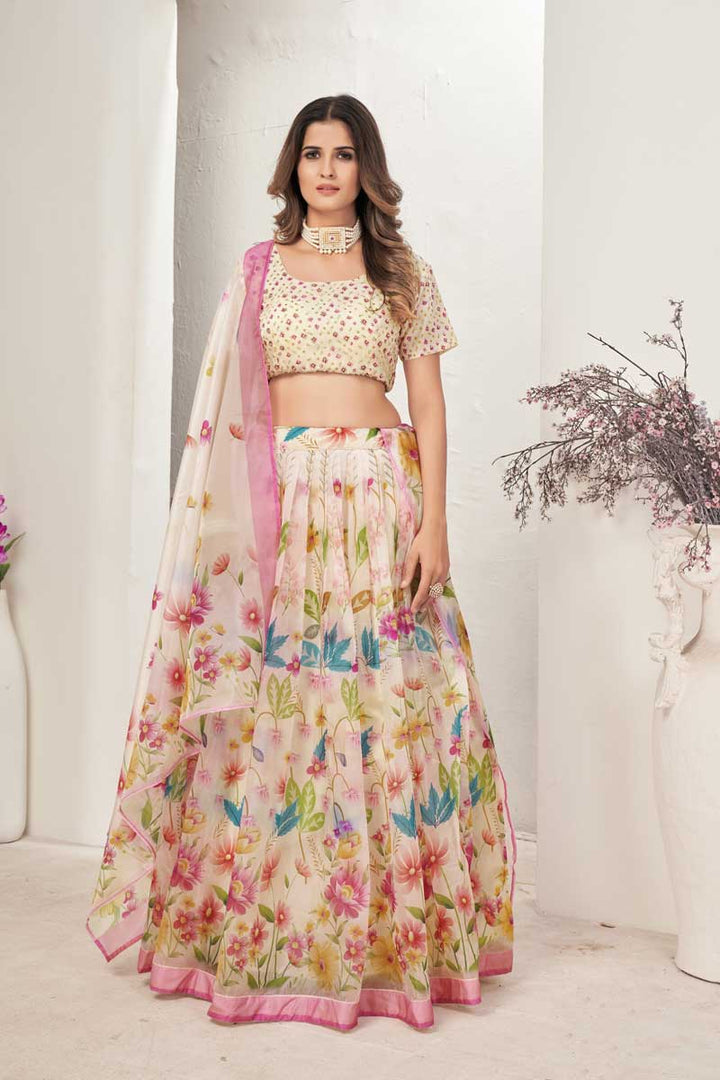 Organza Fabric Wondrous Printed Lehenga In Off White Color