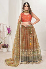 Load image into Gallery viewer, Rust Color Organza Fabric Adroit Printed Lehenga
