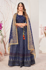 Load image into Gallery viewer, Organza Fabric Vintage Printed Lehenga In Navy Blue Color
