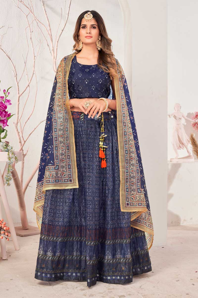 Organza Fabric Vintage Printed Lehenga In Navy Blue Color