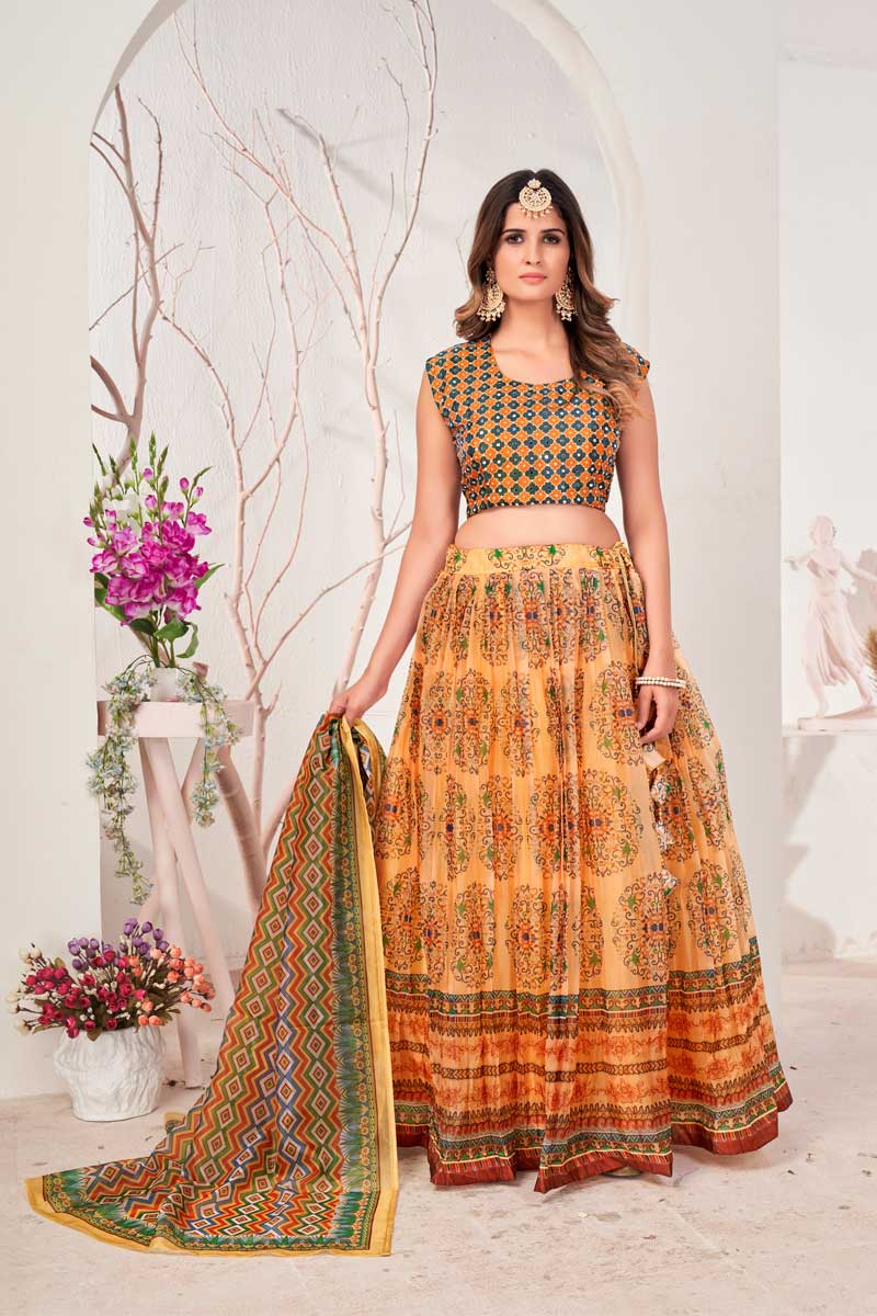 Peach Color Organza Fabric Incredible Printed Lehenga