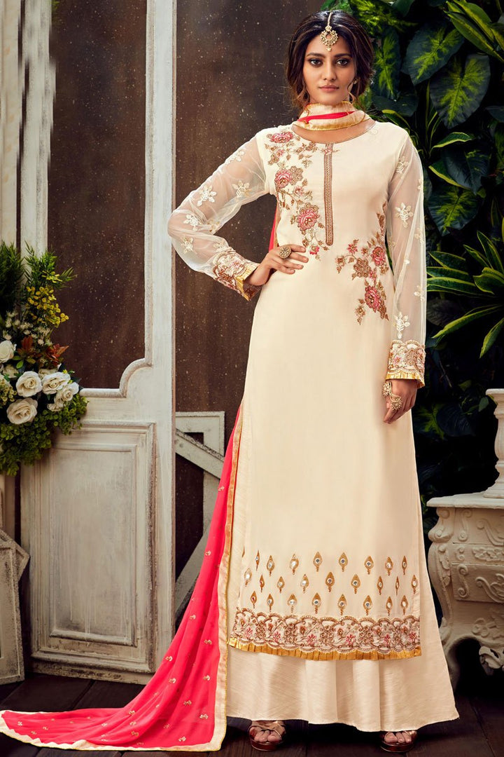 Reception Wear Georgette Fabric Beige Color Stylish Embroidered Palazzo Dress