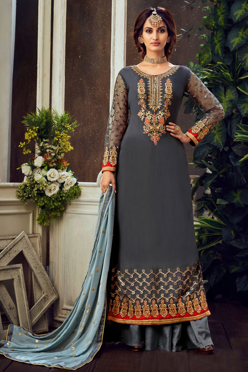 Georgette Fabric Function Wear Embroidered Grey Color Palazzo Salwar Kameez