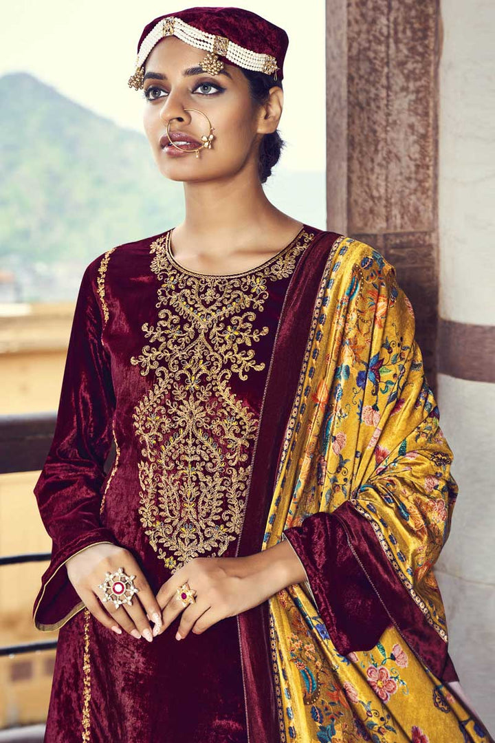 Beauteous Maroon Color Velvet Fabric Embroidered Work Salwar Suit