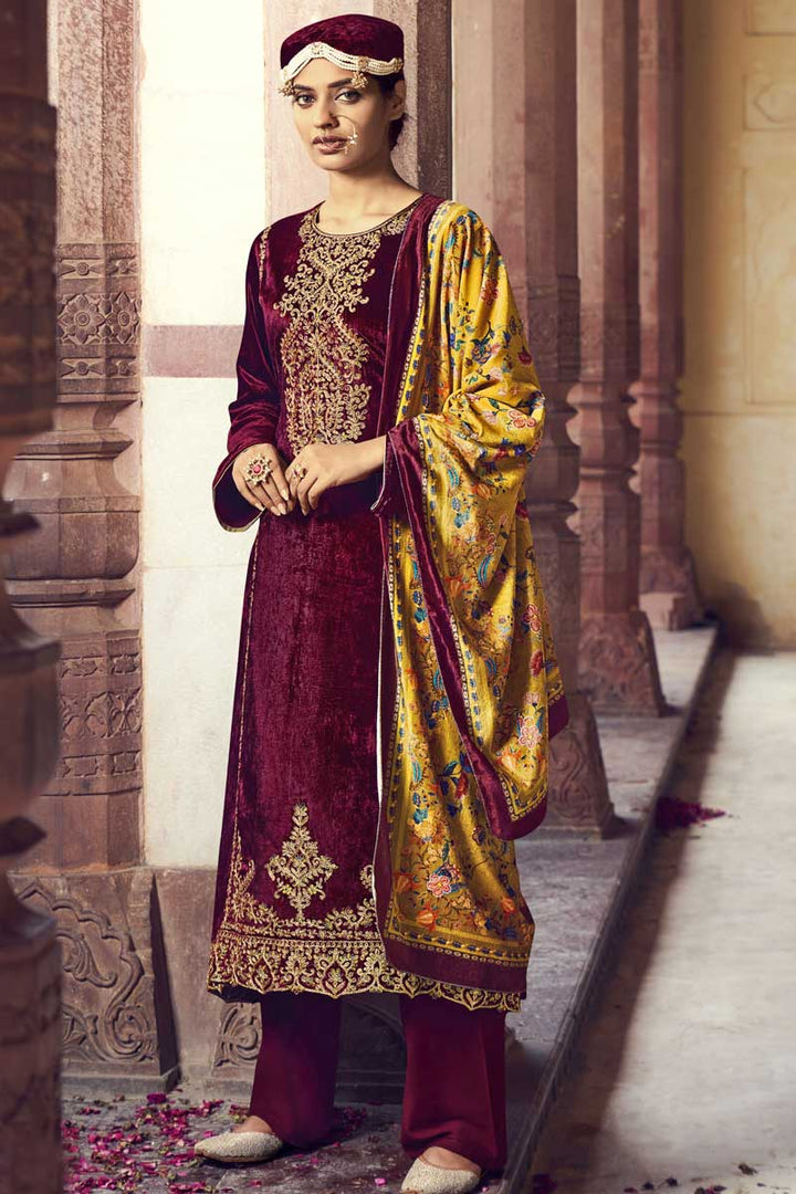 Beauteous Maroon Color Velvet Fabric Embroidered Work Salwar Suit