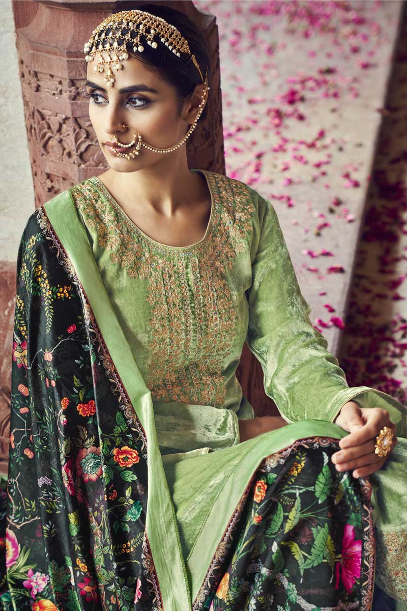 Embroidered Work Green Color Velvet Fabric Admirable Salwar Suit