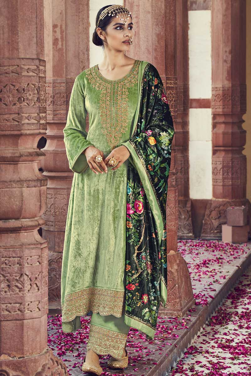 Embroidered Work Green Color Velvet Fabric Admirable Salwar Suit