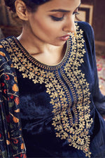 Load image into Gallery viewer, Appealing Navy Blue Color Velvet Fabric Salwar Suit With Embroidered Work
