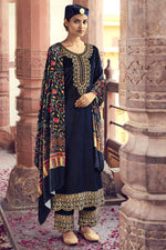Load image into Gallery viewer, Appealing Navy Blue Color Velvet Fabric Salwar Suit With Embroidered Work
