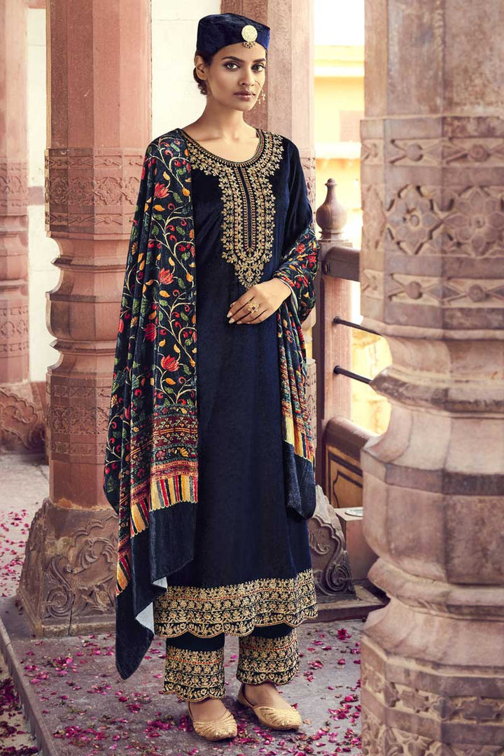 Appealing Navy Blue Color Velvet Fabric Salwar Suit With Embroidered Work