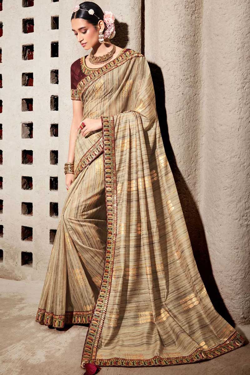 Beige Color Dazzling Digital Printed Saree In Cotton Fabric