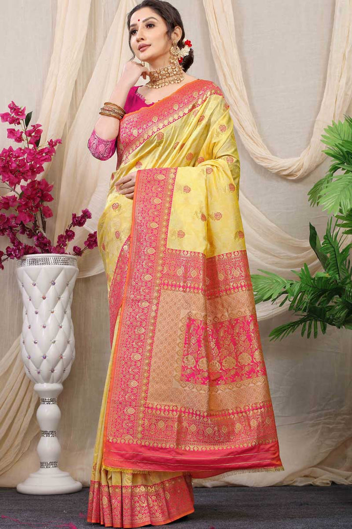 Appealing Banarasi Art Silk Fabric Saree In Yellow Color