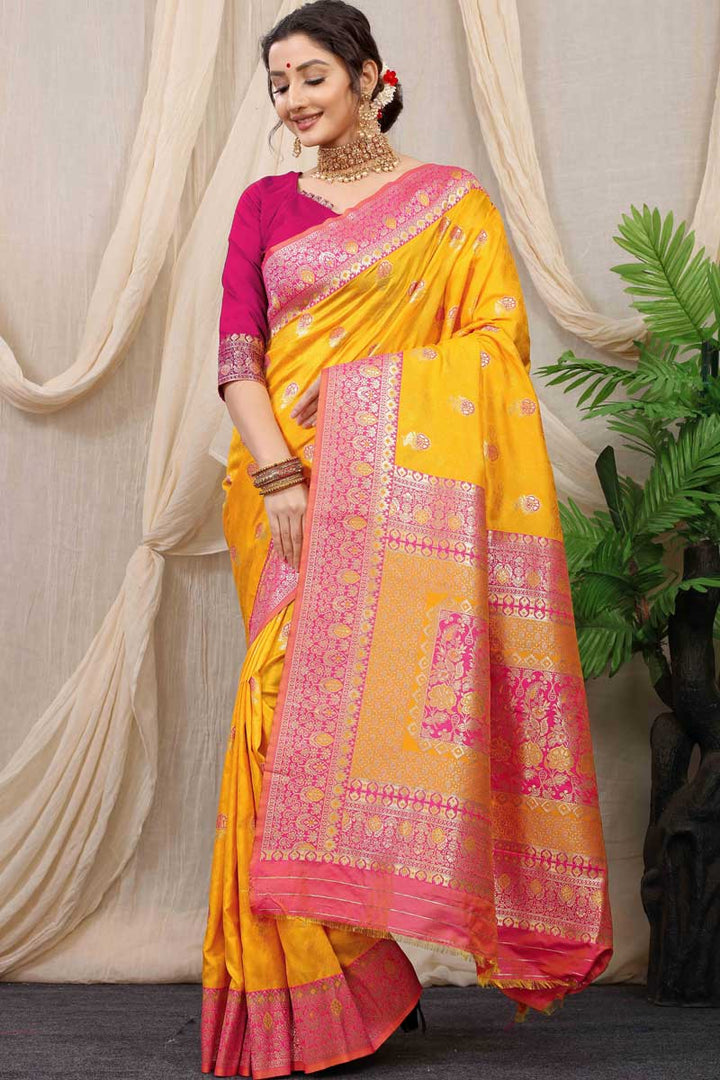 Flamboyant Banarasi Art Silk Fabric Saree In Mustard Color