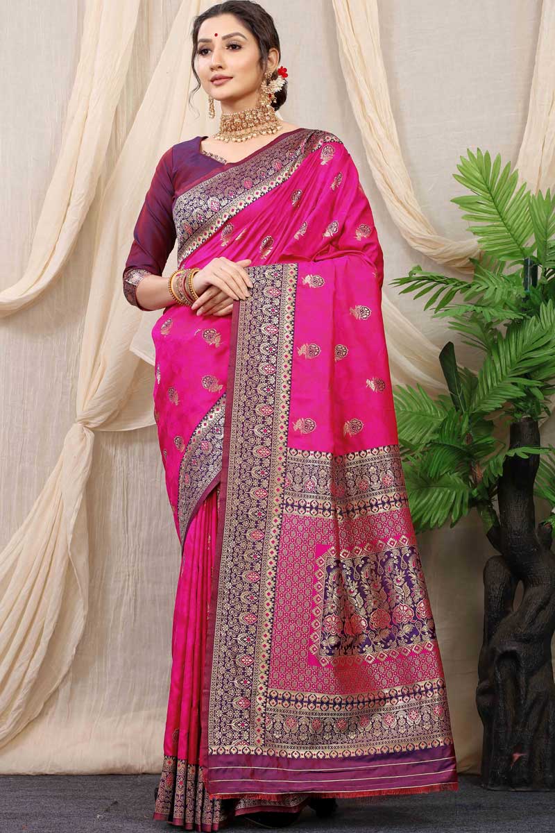 Engaging Rani Color Banarasi Art Silk Fabric Saree