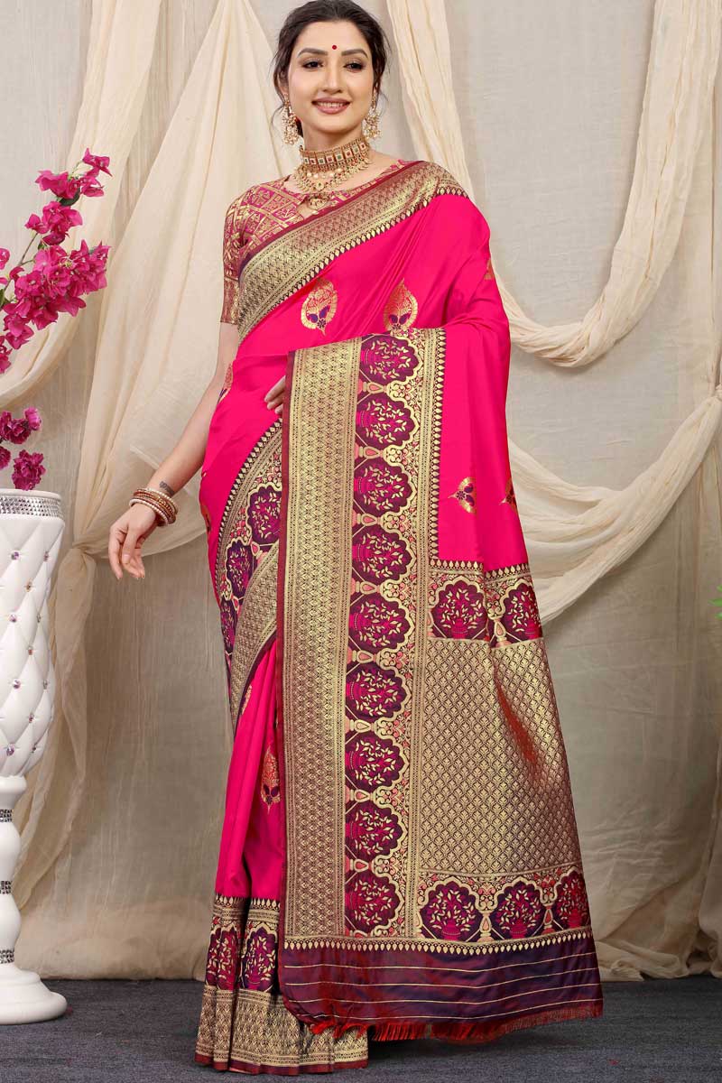 Banarasi Silk Fabric Festive Wear Rani Color Phenomenal Saree