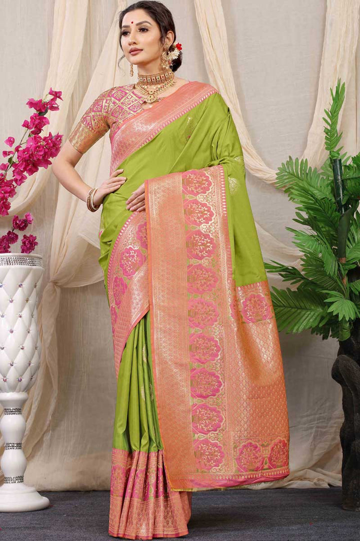 Green Color Banarasi Silk Fabric Festive Wear Lovely Saree