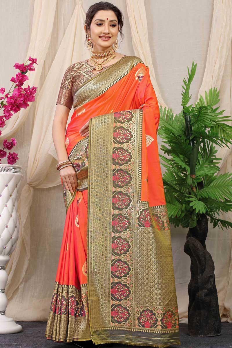 Banarasi Silk Fabric Festive Wear Engaging Saree In Orange Color