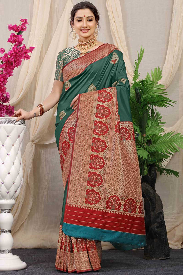 Festive Wear Banarasi Silk Fabric Dark Green Color Vintage Saree