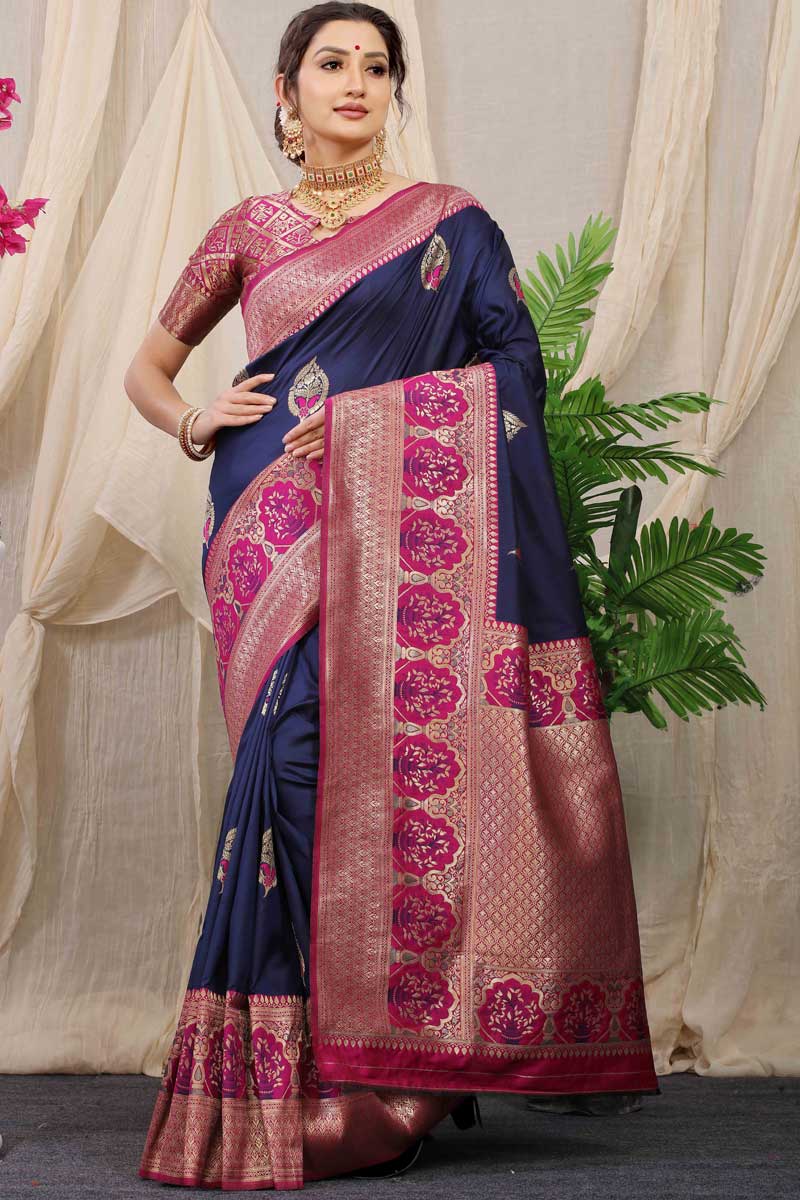 Navy Blue Color Banarasi Silk Fabric Festive Wear Luminous Saree