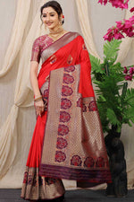 Load image into Gallery viewer, Banarasi Silk Fabric Festive Wear Vivacious Saree In Orange Color
