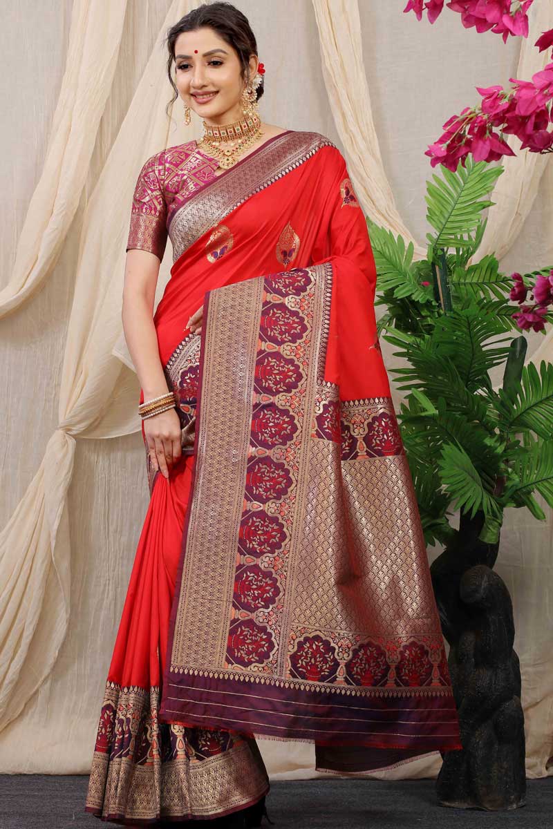 Banarasi Silk Fabric Festive Wear Vivacious Saree In Orange Color