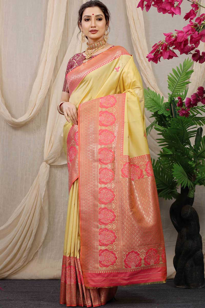 Banarasi Silk Fabric Festive Wear Mesmeric Saree In Yellow Color