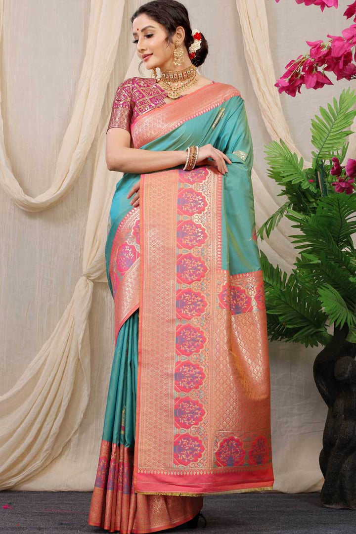 Banarasi Silk Fabric Festive Wear Wondrous Saree In Sea Green Color