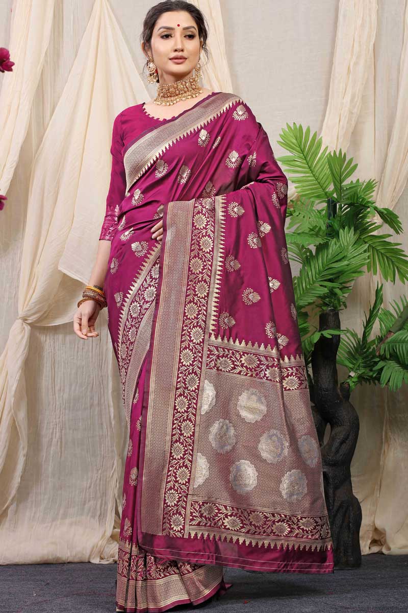 Function Wear Imposing Banarasi Silk Fabric Saree In Rani Color | Buy Online India