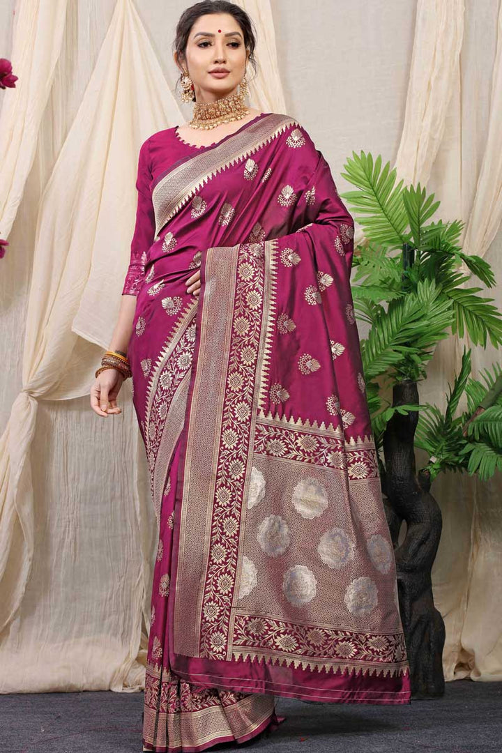 Function Wear Imposing Banarasi Silk Fabric Saree In Rani Color