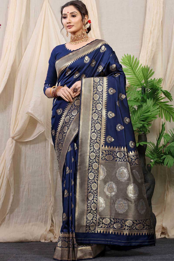 Function Wear Soothing Banarasi Silk Fabric Saree In Navy Blue Color