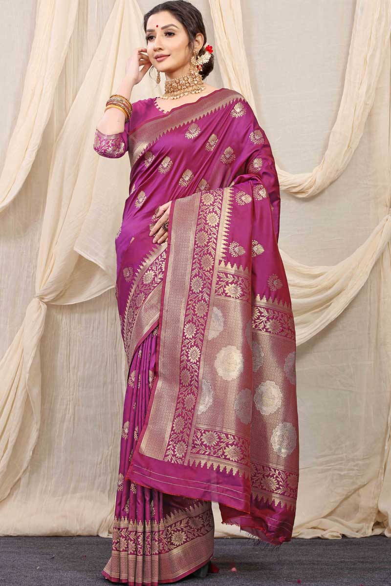 Blazing Magenta Color Function Wear Banarasi Silk Fabric Saree