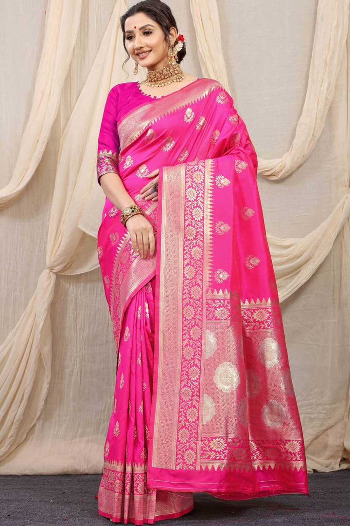 Pink Color Function Wear Banarasi Silk Fabric Glamorous Saree