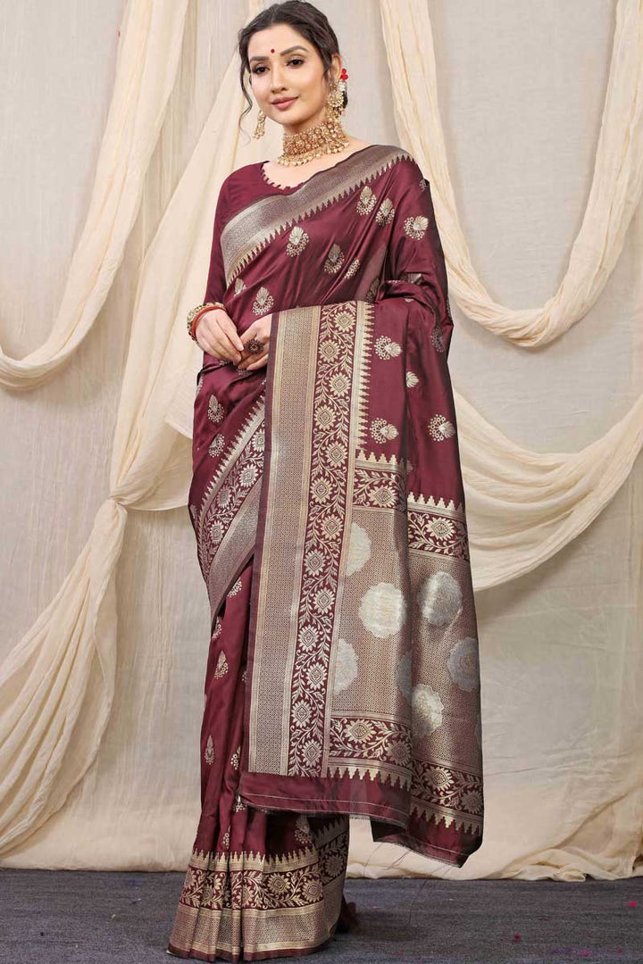 Maroon Color Function Wear Pleasant Banarasi Silk Fabric Saree