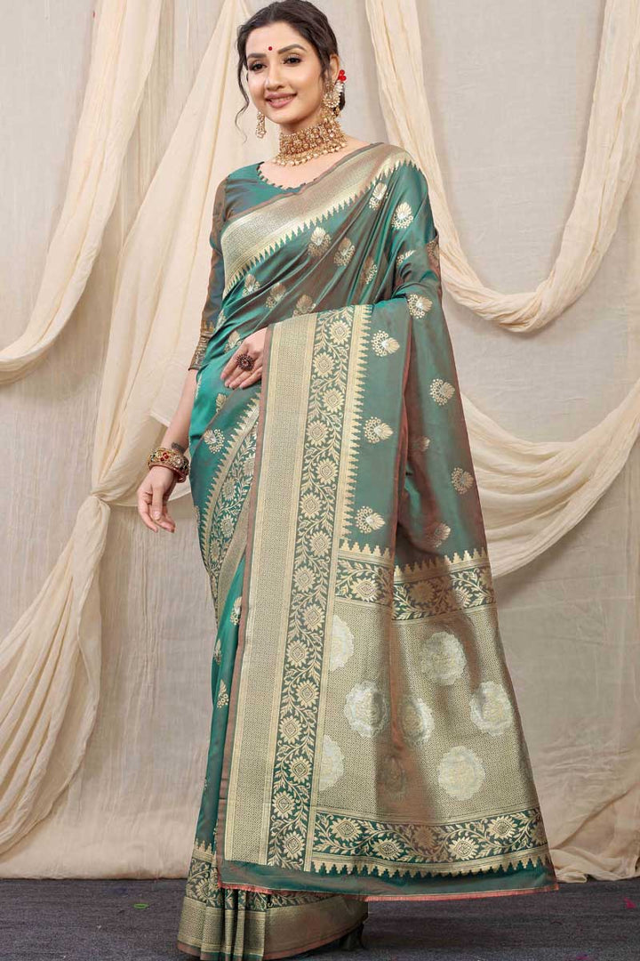 Sea Green Color Function Wear Brilliant Banarasi Silk Fabric Saree