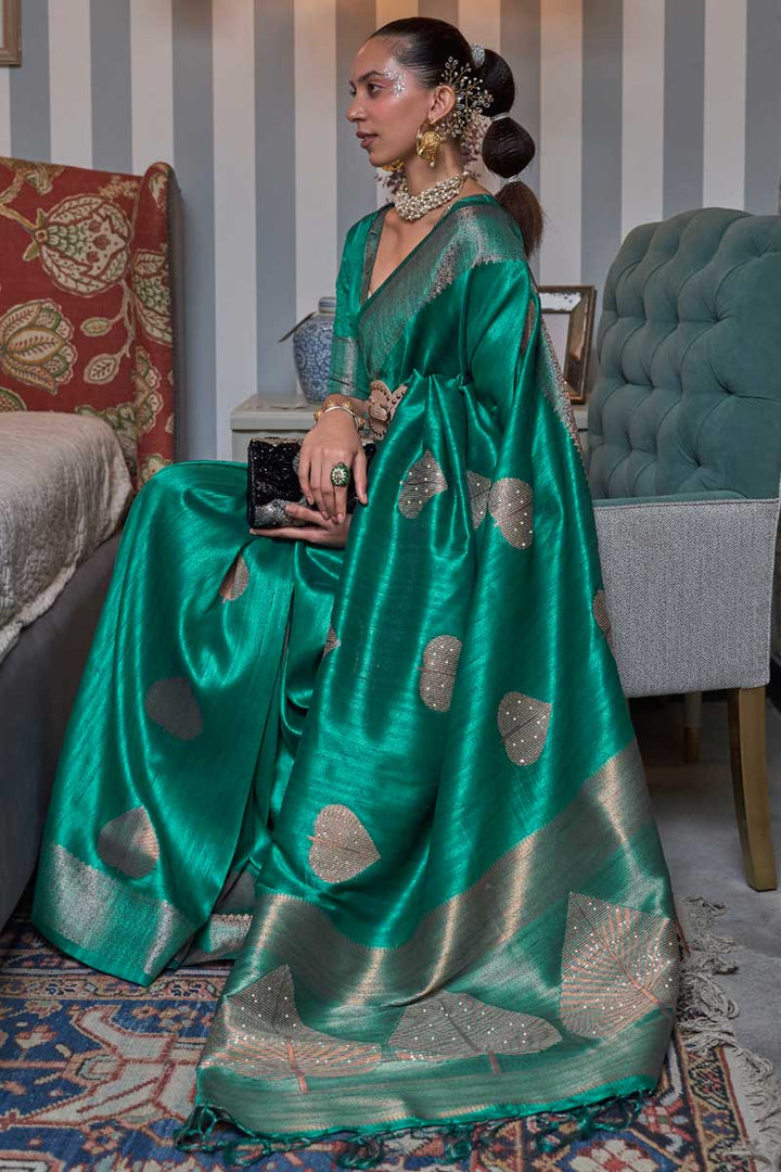 Attractive Silk Fabric Weaving Work Saree In Green Color