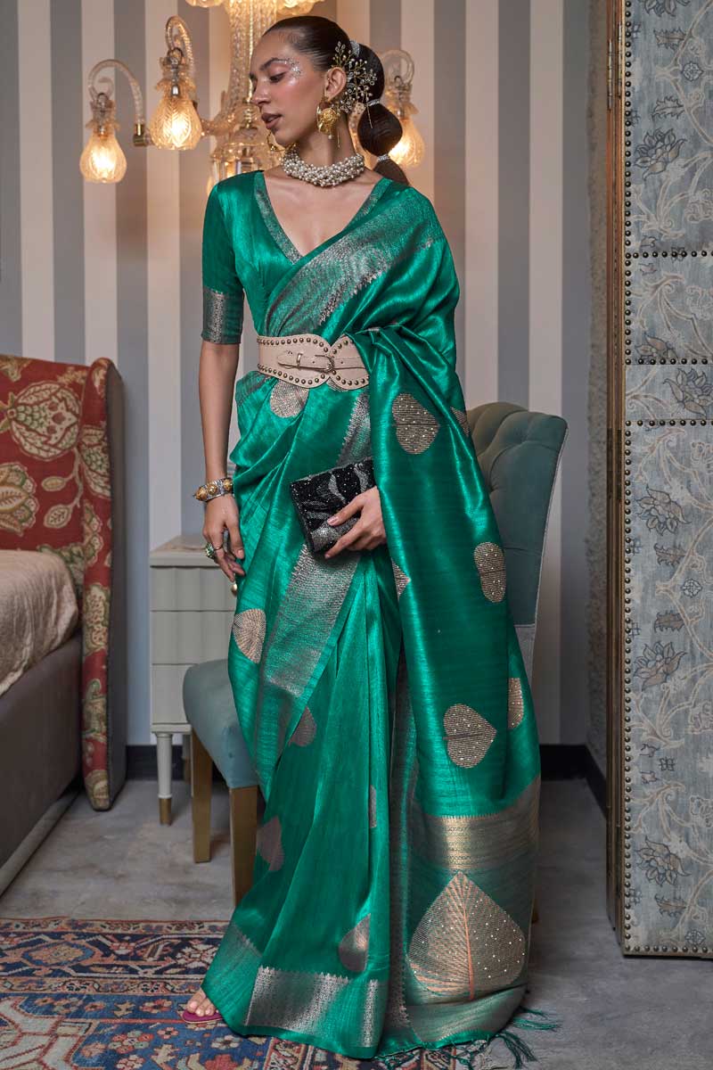 Attractive Silk Fabric Weaving Work Saree In Green Color