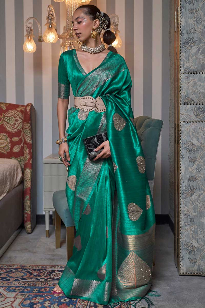 Attractive Silk Fabric Weaving Work Saree In Green Color