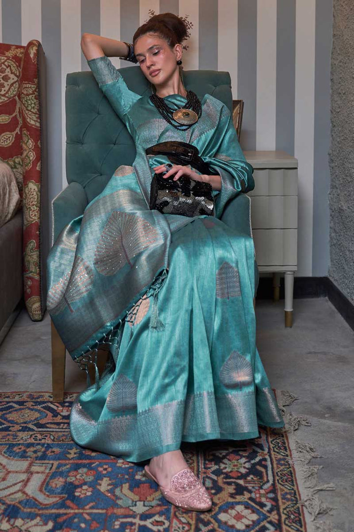 Light Cyan Color Tempting Silk Fabric Weaving Work Saree
