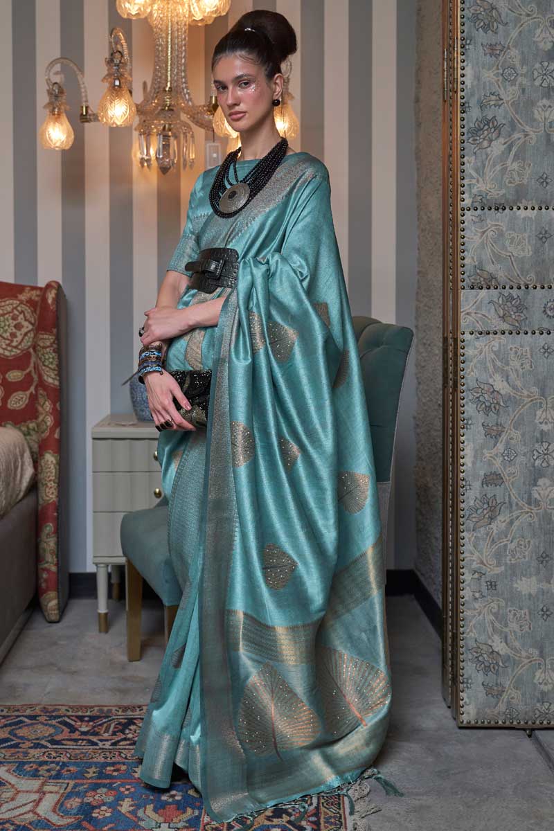 Light Cyan Color Tempting Silk Fabric Weaving Work Saree