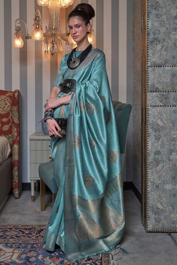 Light Cyan Color Tempting Silk Fabric Weaving Work Saree