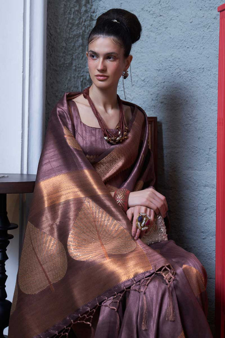 Brown Color Elegant Silk Fabric Weaving Work Saree