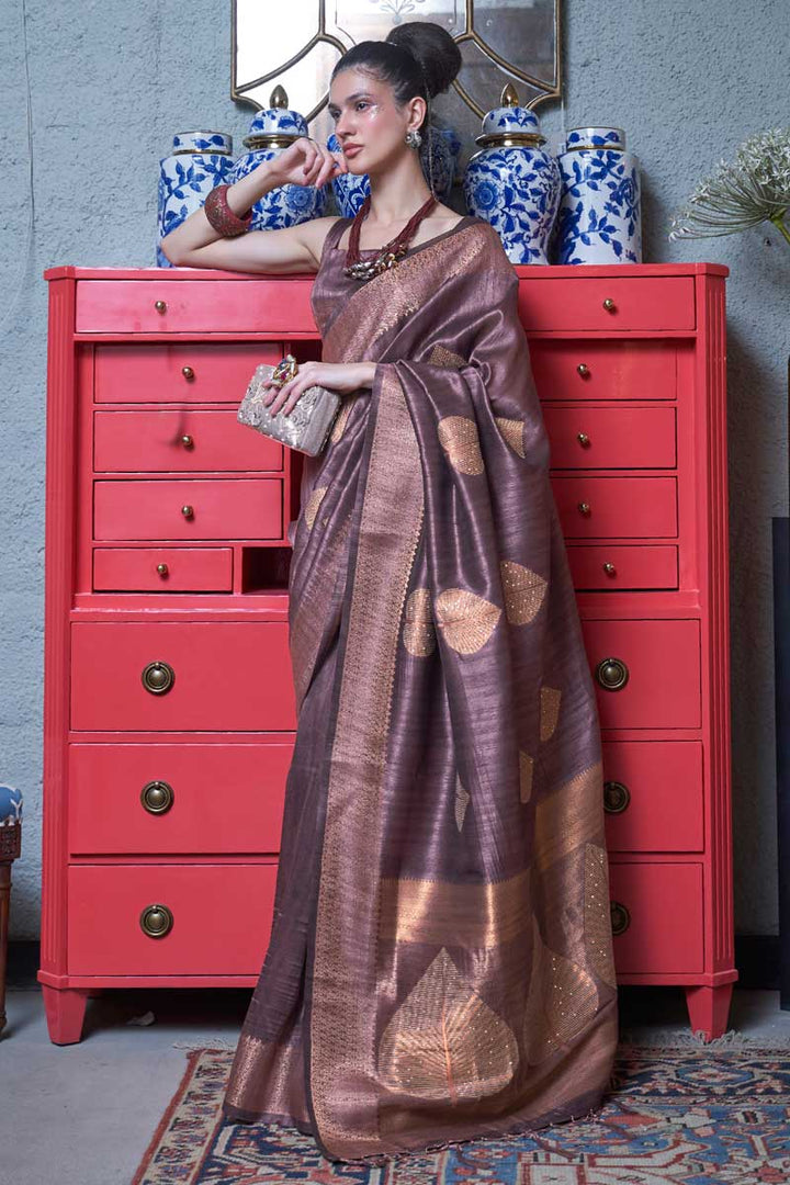 Brown Color Elegant Silk Fabric Weaving Work Saree