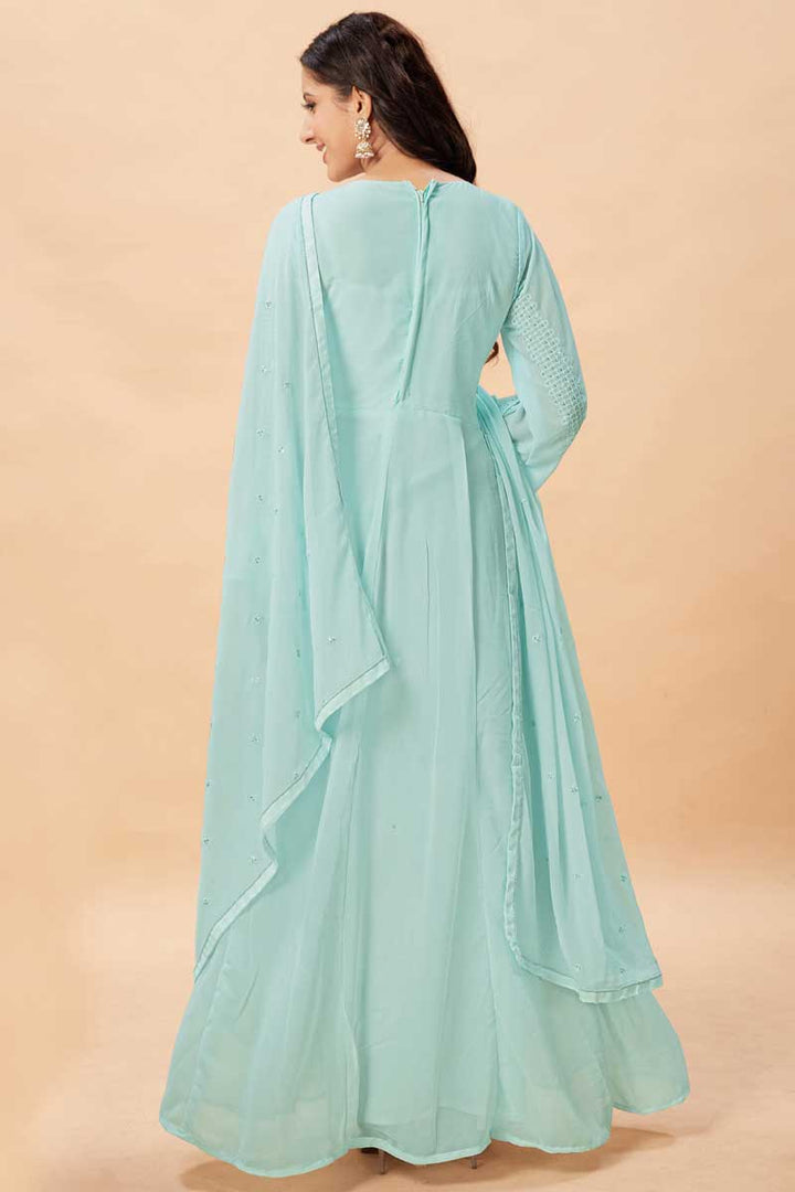 Dazzling Georgette Fabric Light Cyan Color Festive Look Anarkali Suit