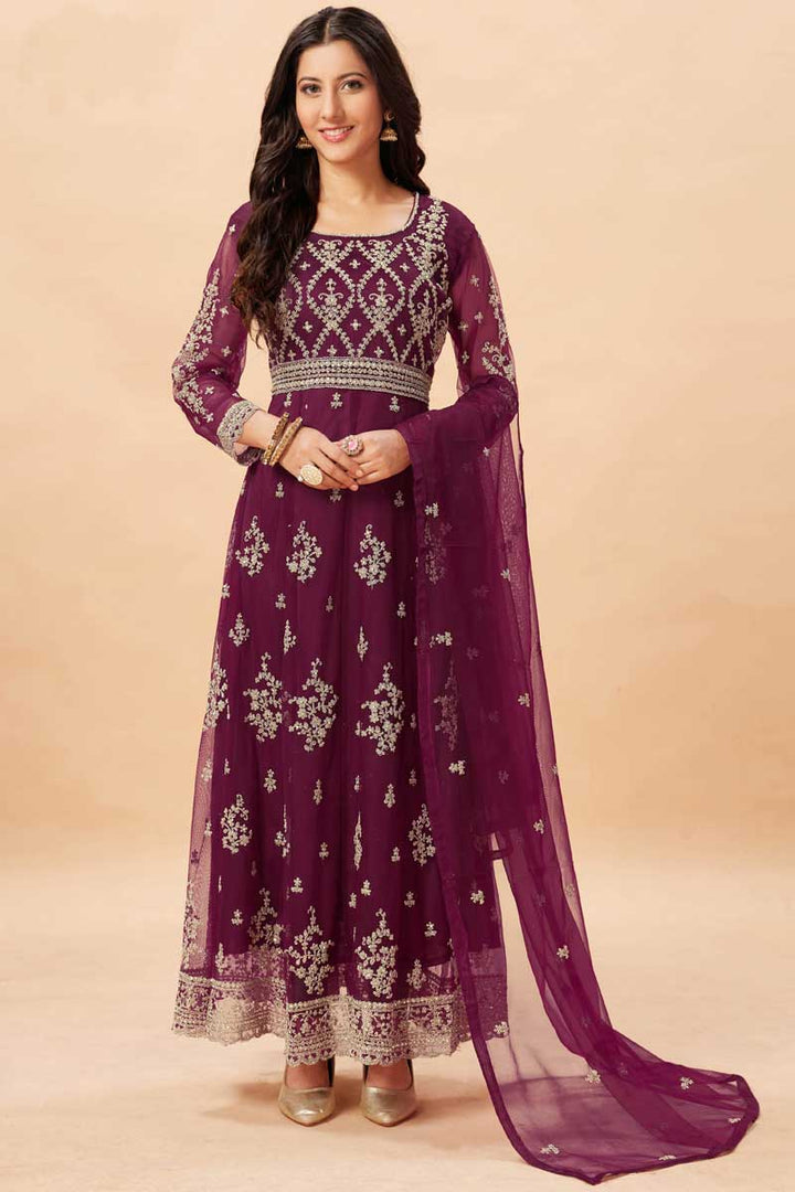 Radiant Wine Color Net Fabric Festive Look Anarkali Suit