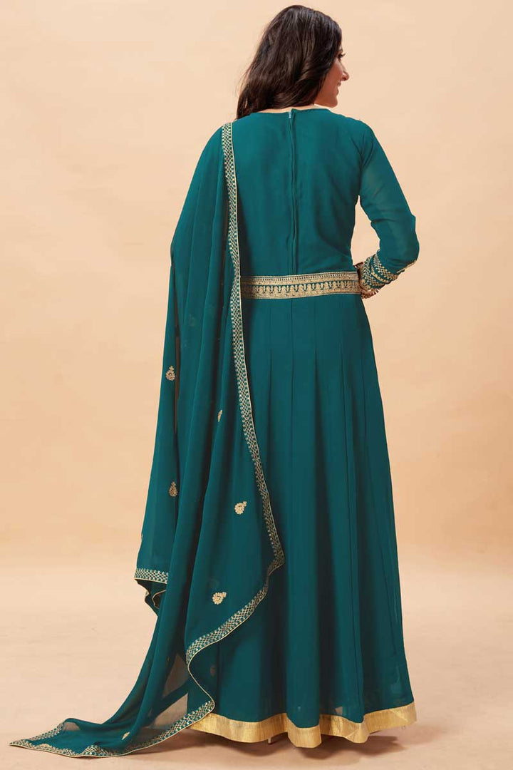 Georgette Fabric Teal Color Excellent Festive Look Anarkali Suit