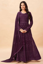 Load image into Gallery viewer, Glamorous Georgette Fabric Purple Color Festive Look Anarkali Suit
