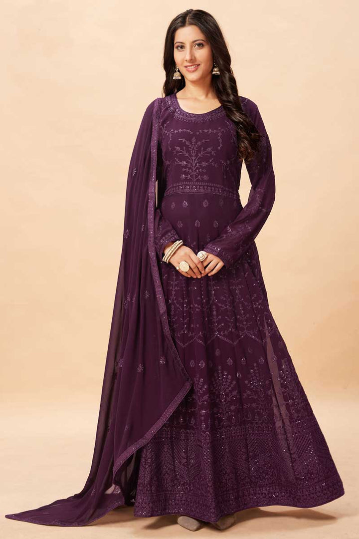 Glamorous Georgette Fabric Purple Color Festive Look Anarkali Suit