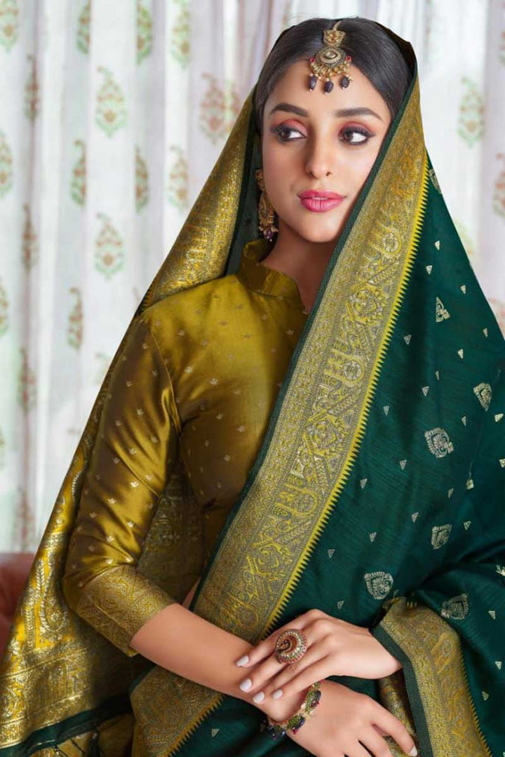 Art Silk Fabric Dark Green Color Festive Look Solid Saree