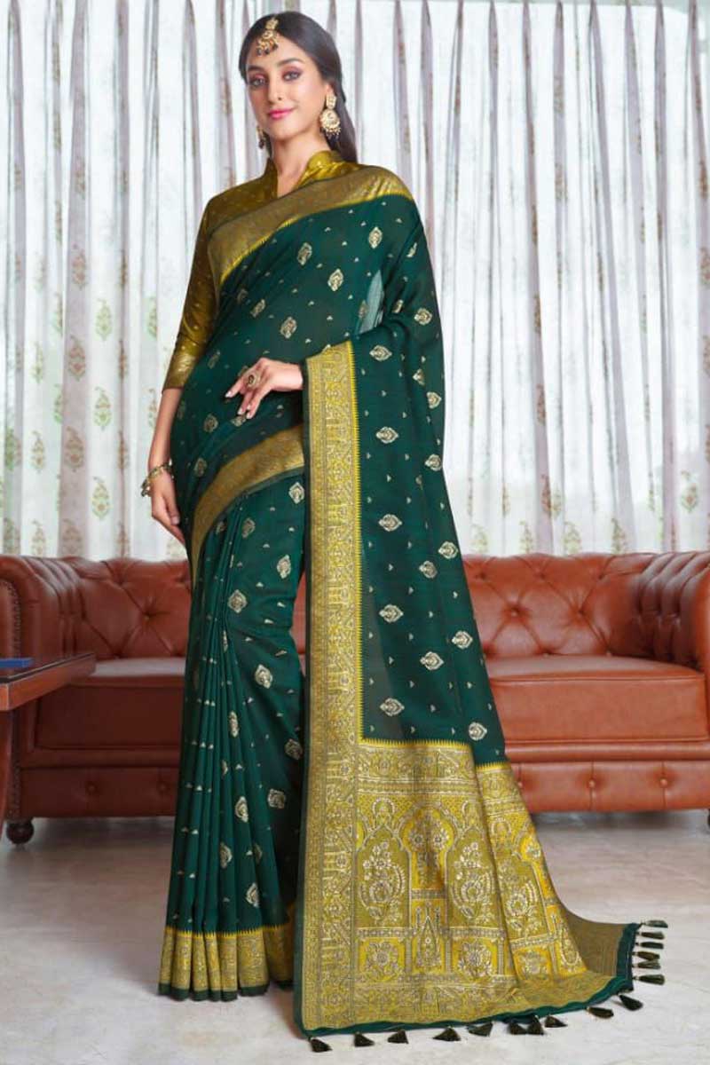 Art Silk Fabric Dark Green Color Festive Look Solid Saree